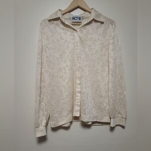 Vintage Act III sheer leapord print shirt cream size medium